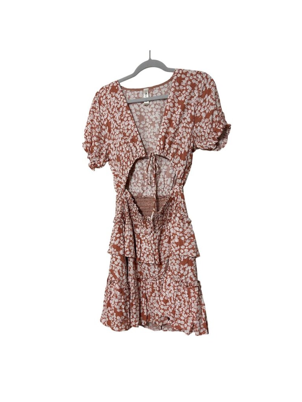 Mahina Hawaii Muted Red White Floral Cutout Ruffle Mini Dress Women's Medium M